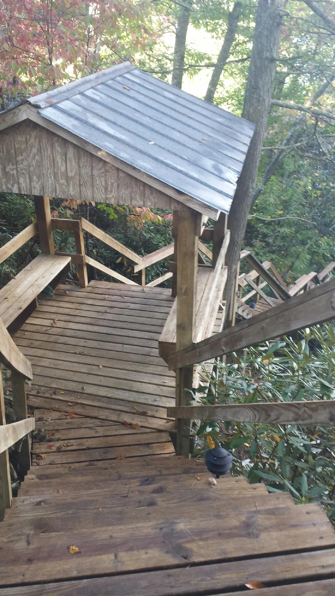 Metal roofed shelter over wooden steps on a wooded walkway — Skylight Repair & Installation work by our crew in Cambridge